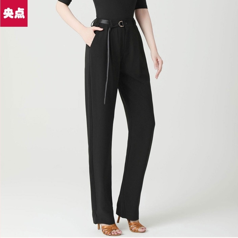 Pantaloni unisex pentru dansuri ballroom Latin, panglică drapată, poliester cu spandex, fără călcare