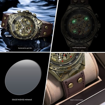 Binbond ceas mecanic automat retro pentru bărbați, Molong 3579, 30M rezistență la apă, spate transparent, coroană înșurubabilă