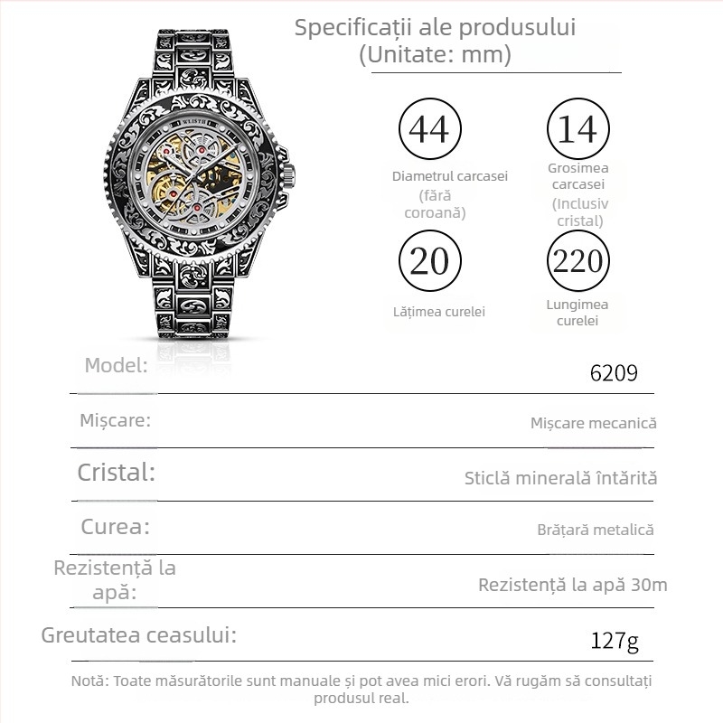 Ceas mecanic automat pentru bărbați, cu cadran luminos, afișaj analogic, rezistență la apă 10 m, carcasă din aliaj