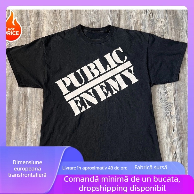 Tricou bărbătesc din bumbac, croială lejeră, guler rotund, mâneci scurte, imprimare cu litere, 91–95% bumbac