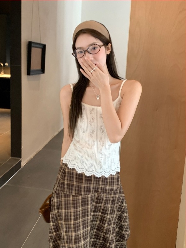 Set de două piese: Bluza cu guler bateau și top croșetat din dantelă fără mâneci, lungime scurtă, toamnă 2025, stil casual japonez/coreean