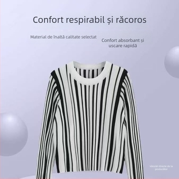 Top tricot pentru femei cu mâneci lungi, în dungă, bază, lansare primăvara 2025, țesătură Tr, PVC ≤30%