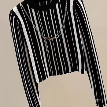 Top tricot pentru femei cu mâneci lungi, în dungă, bază, lansare primăvara 2025, țesătură Tr, PVC ≤30%