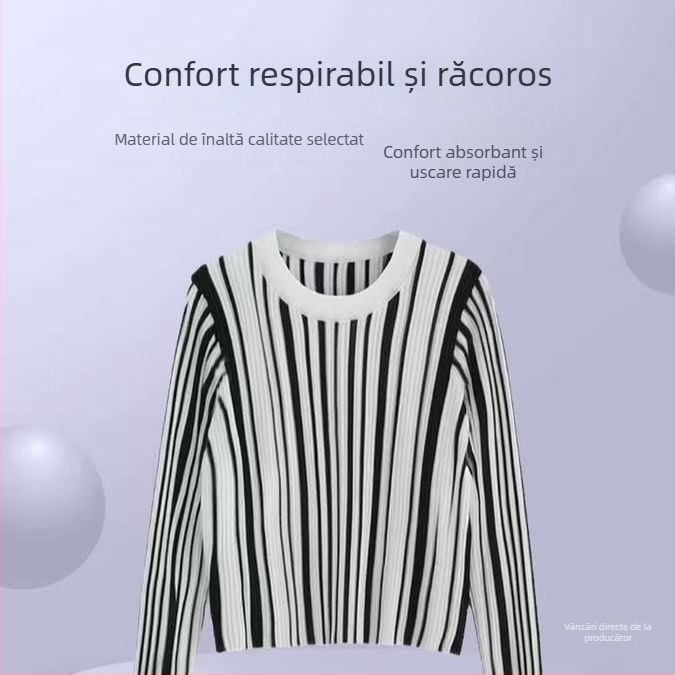 Top tricot pentru femei cu mâneci lungi, în dungă, bază, lansare primăvara 2025, țesătură Tr, PVC ≤30%