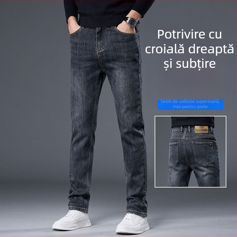 Blugi pentru bărbați, croială drept, talie înaltă, denim din bumbac cu aplicație, toamnă, spălare enzimată și albire