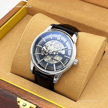 Ceas mecanic pentru bărbați, rezistență la apă 30 m, curea din piele naturală, carcasă din aliaj, cadran cu indicatoare, model 80093