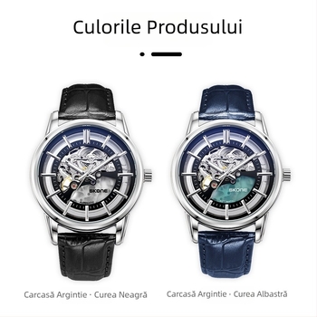 Ceas mecanic pentru bărbați, rezistență la apă 30 m, curea din piele naturală, carcasă din aliaj, cadran cu indicatoare, model 80093