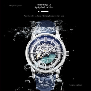 Ceas mecanic pentru bărbați, rezistență la apă 30 m, curea din piele naturală, carcasă din aliaj, cadran cu indicatoare, model 80093