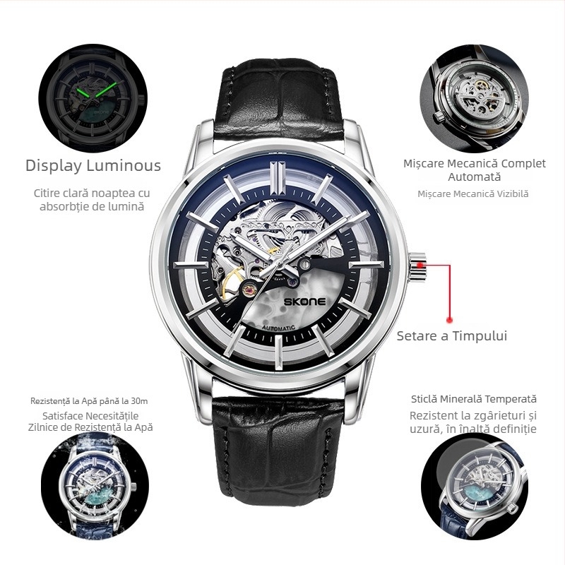 Ceas mecanic pentru bărbați, rezistență la apă 30 m, curea din piele naturală, carcasă din aliaj, cadran cu indicatoare, model 80093