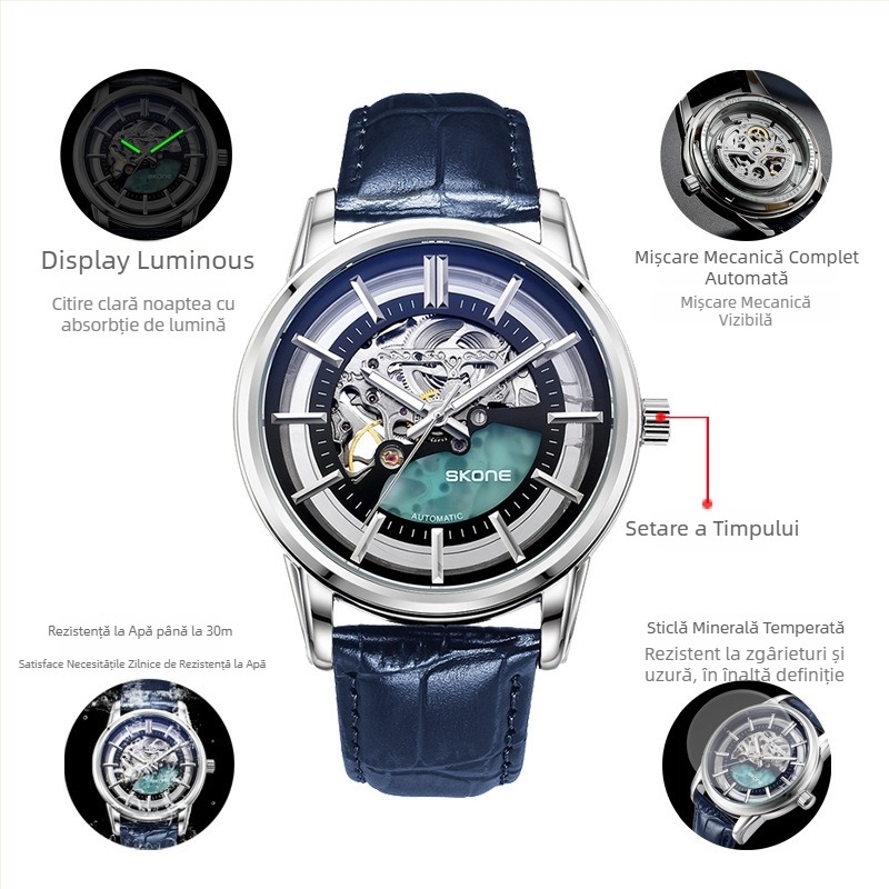 Ceas mecanic pentru bărbați, rezistență la apă 30 m, curea din piele naturală, carcasă din aliaj, cadran cu indicatoare, model 80093