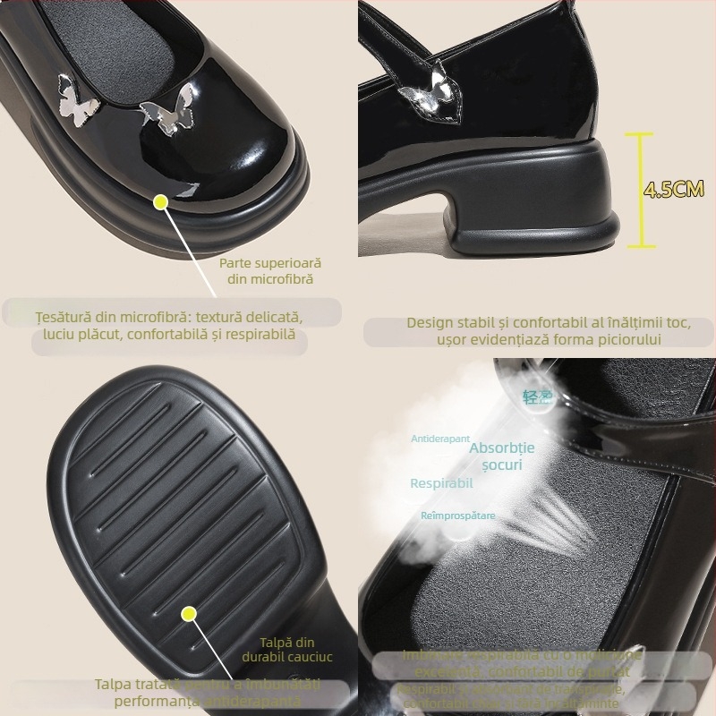 Pantofi Mary Jane pentru femei, stil colegiu, vârf rotund, partea superioară din piele sintetică, închidere Velcro, talpă din cauciuc, toc mediu 3–5 cm