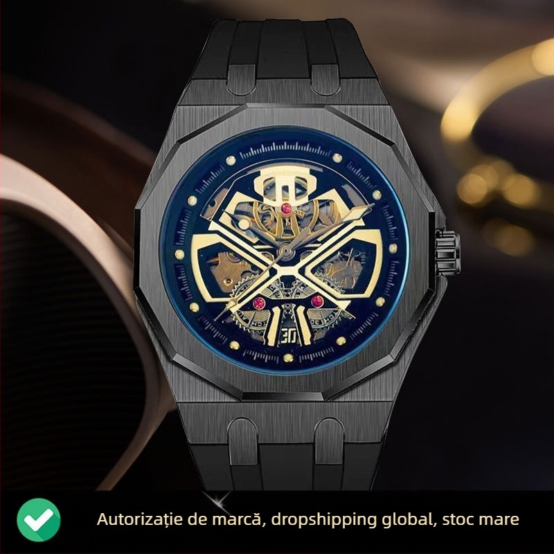 Ceas mecanic pentru bărbați, mișcare automată, cadran 46 mm, carcasă din oțel inoxidabil, rezistență la apă 30 m, cadran luminos