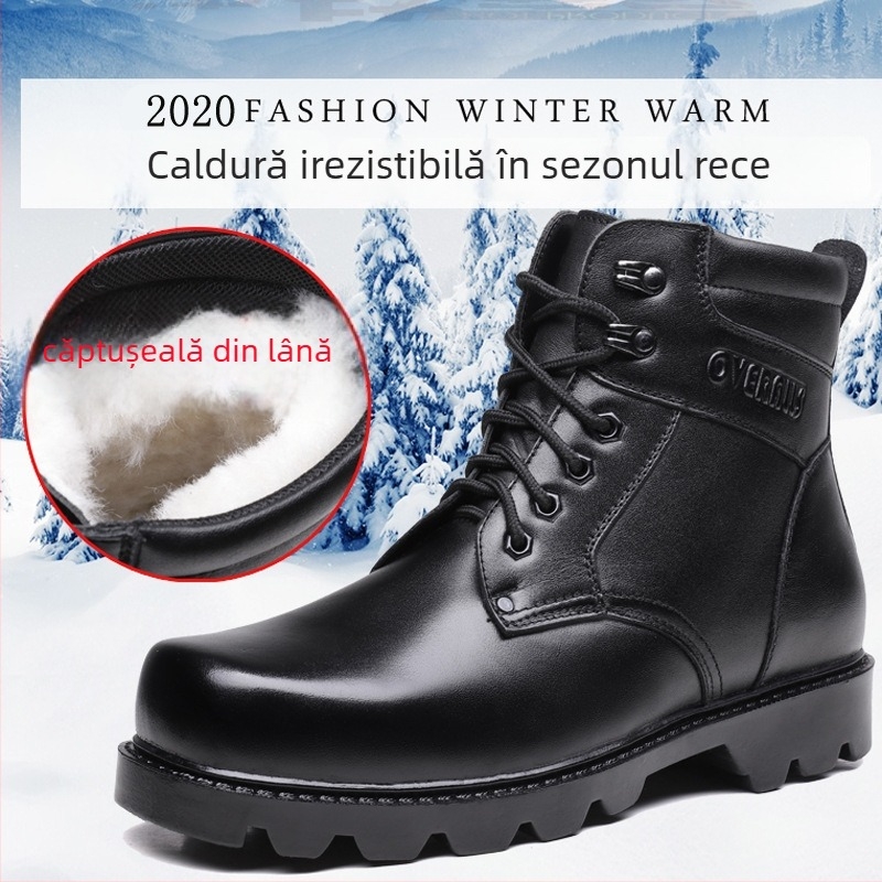 Ghete de iarnă pentru bărbați, înalte, din piele naturală, talpă din cauciuc, căptușeală din lână, stil militar