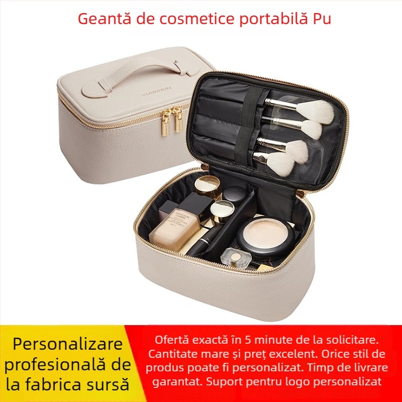 Geantă de machiaj din PU, închidere cu fermoar, capacitate 20–35L, buzunar interior cu fermoar, exterior structurat în trei dimensiuni