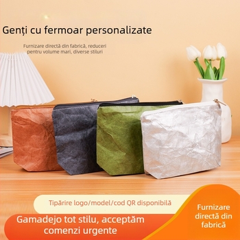 Geantă cu fermoar din hârtie DuPont – sac de depozitare lavabil din hârtie kraft pentru cosmetică și rechizite școlare, cu logo personalizat, capacitate mare