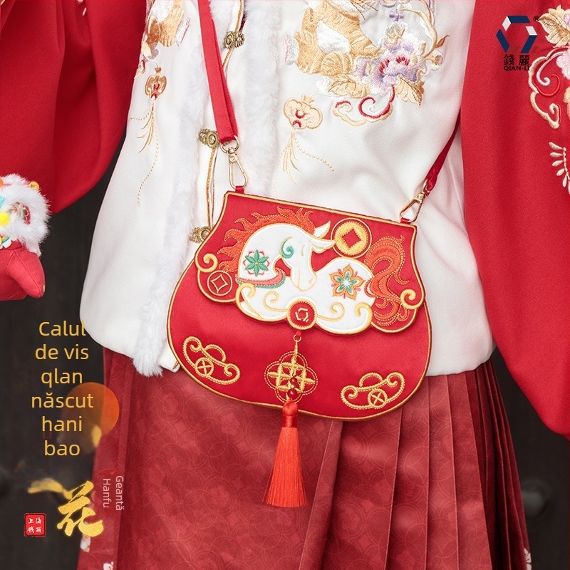 Geantă Hanfu brodată Qianli, poliester, curea diagonală, geantă cu capac