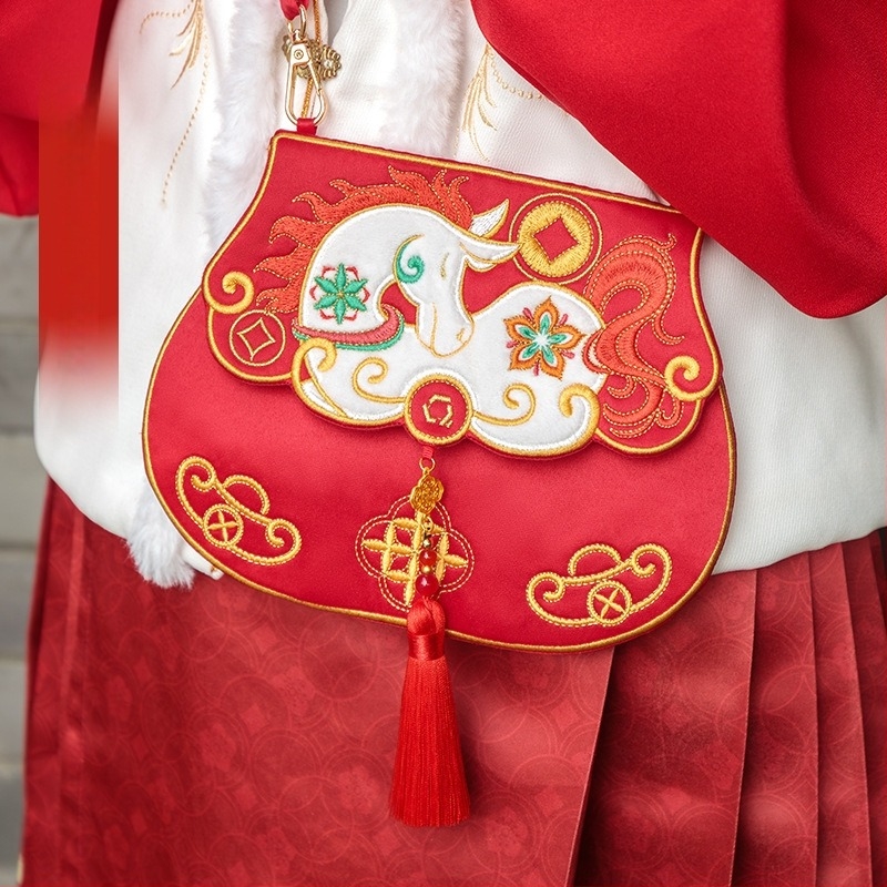 Geantă Hanfu brodată Qianli, poliester, curea diagonală, geantă cu capac