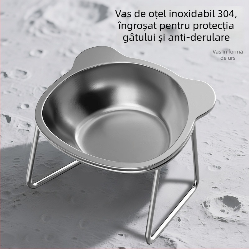 Vas de hrană pentru pisici din oțel inoxidabil, margine înclinată pentru protecția gâtului