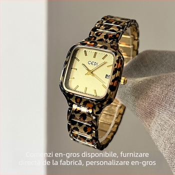 Ceas de damă cu curea din oțel în imprimeu leopard, cadran pătrat, mișcare cuarț GEDI, rezistență la apă 30m, carcasă din aliaj, geam mineral întărit