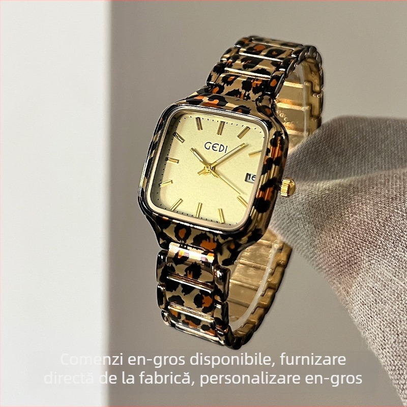 Ceas de damă cu curea din oțel în imprimeu leopard, cadran pătrat, mișcare cuarț GEDI, rezistență la apă 30m, carcasă din aliaj, geam mineral întărit