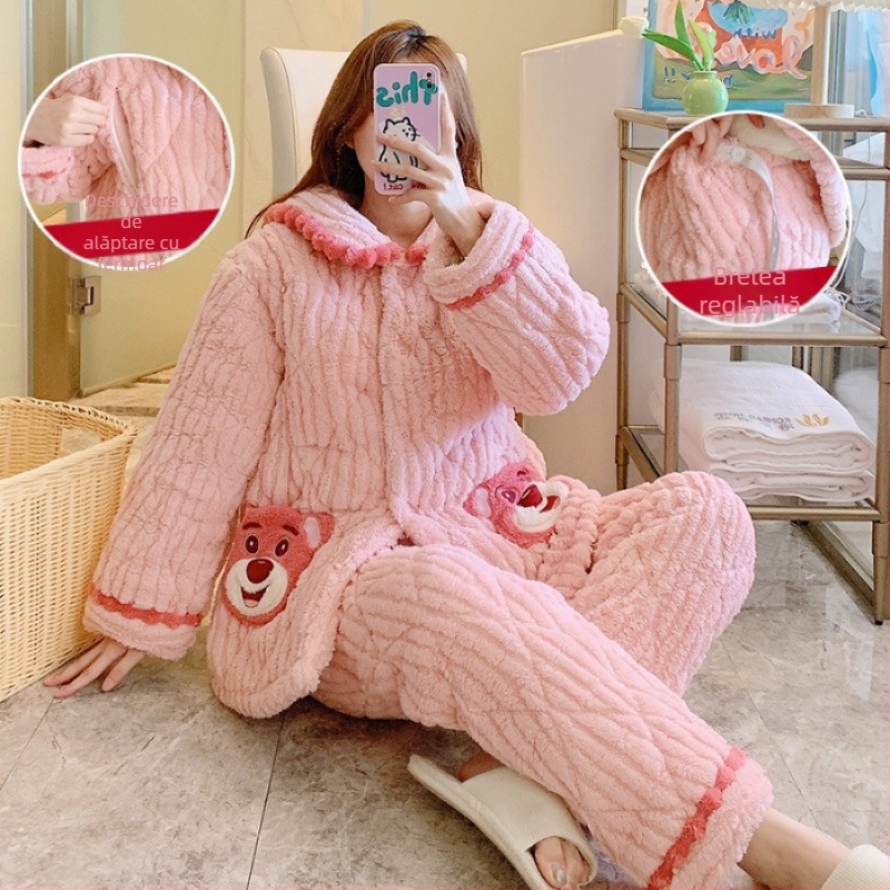 2024 Nouă pijama de alăptare postnatală cu cardigan – căptușită, caldă, pentru toamnă–iarnă, îmbrăcăminte de casă pentru femei