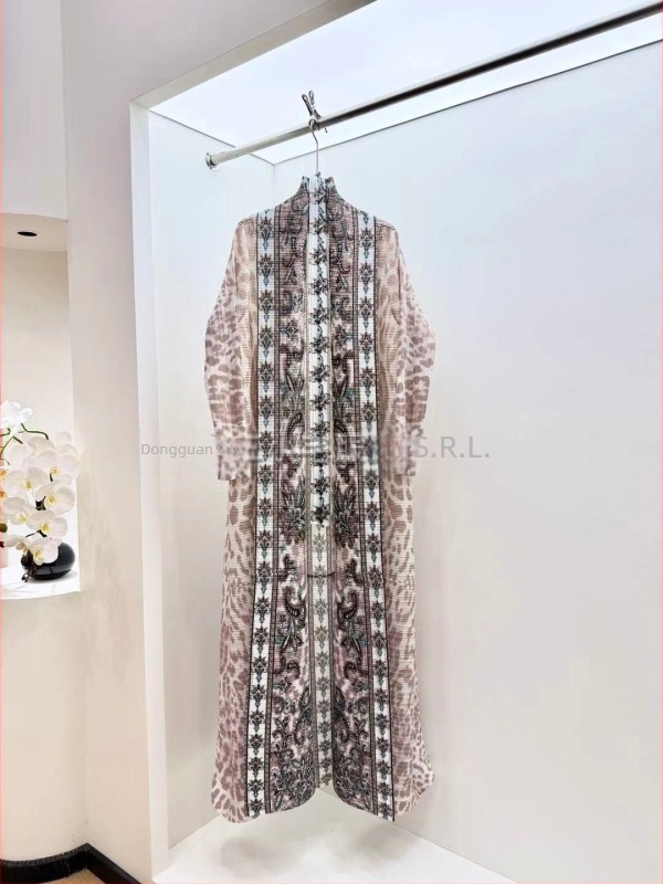 Rochie lungă Abaya cu pliuri și imprimeu - Poliester, guler tip lapel, mâneci lungi, închidere cu șnur