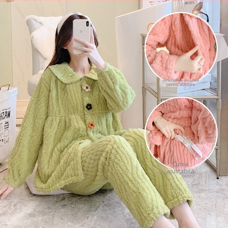 Set pijamale lactație și maternitate - Coral Fleece, poliester, mâneci lungi, pantaloni, acces pentru alăptare, toamnă-iarnă