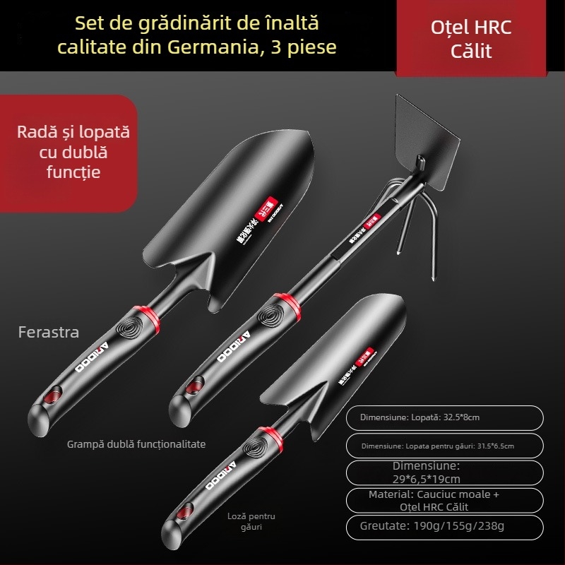 Airuidun Set de trei unelte de grădinărit pentru plantarea florilor și legumelor, săpare și afânarea solului