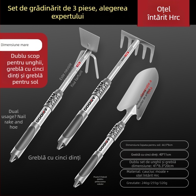 Airuidun Set de trei unelte de grădinărit pentru plantarea florilor și legumelor, săpare și afânarea solului