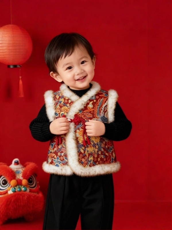 Vesta pentru copii în stil chinezesc, din bumbac ca material principal și căptușeală interioară din fleece, țesătură groasă – unisex, iarnă 2025