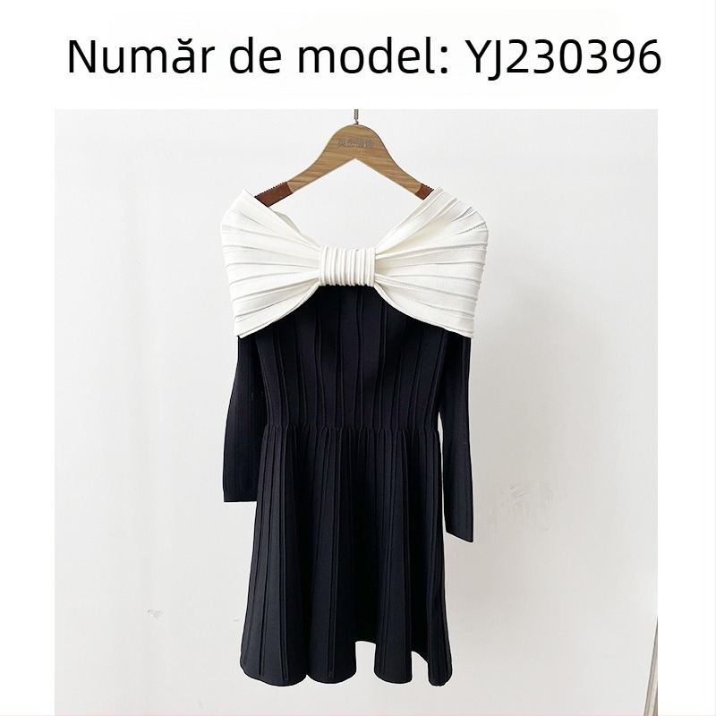 Rochie tricotată cu decolteu off-shoulder, siluetă A, mâneci lungi, poliester 30-50%
