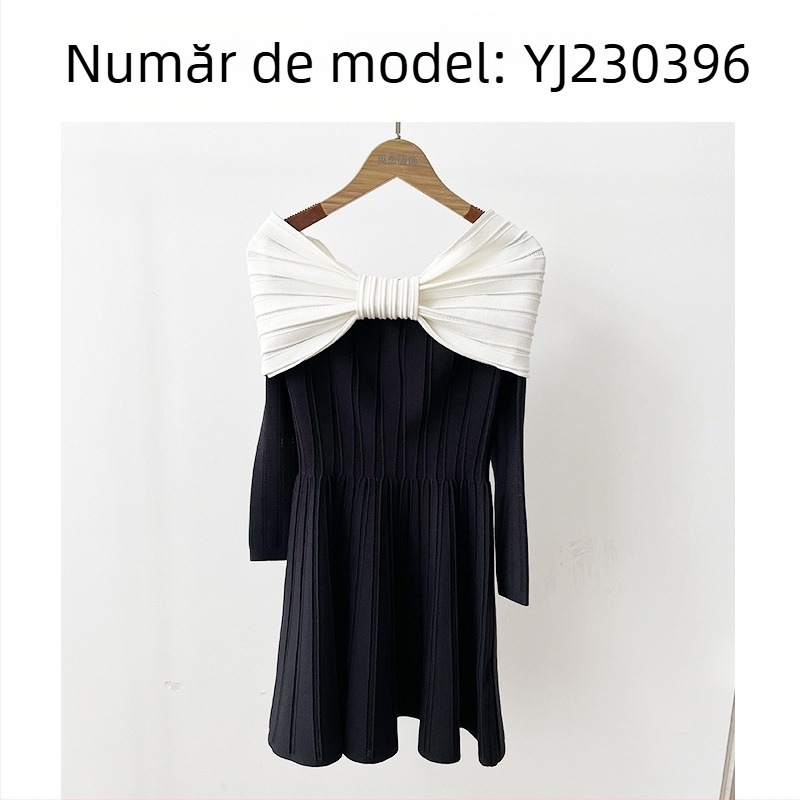 Rochie tricotată cu decolteu off-shoulder, siluetă A, mâneci lungi, poliester 30-50%