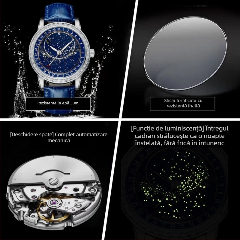 Ceas bărbătesc quartz cu indicatori luminoși, rezistent la apă 30M, carcasă din aliaj, curea din piele naturală, coroană spirală