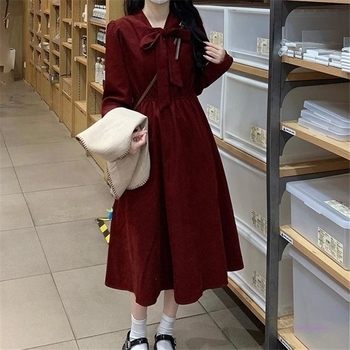 Set de rochie din două piese, lungime midi, material plasă, talie elastică, guler cu fular, stil retro literar