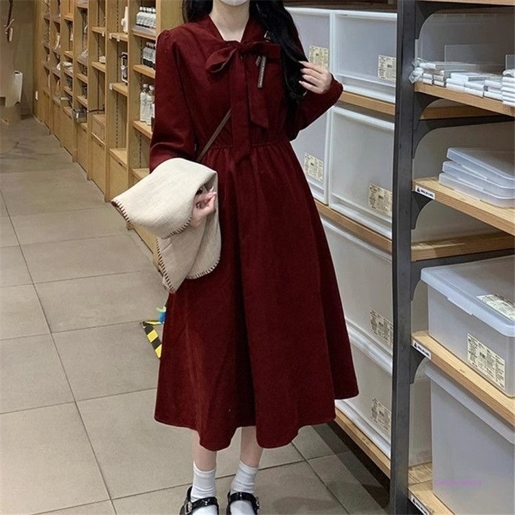 Set de rochie din două piese, lungime midi, material plasă, talie elastică, guler cu fular, stil retro literar