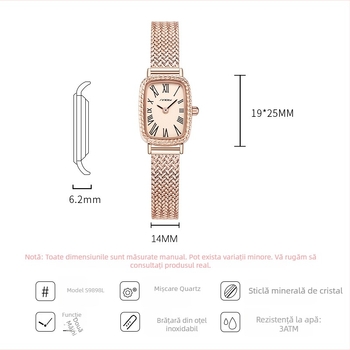 Ceas quartz dreptunghiular pentru femei Sinobi, model 9898, rezistent la apă 30m, curea din oțel inoxidabil