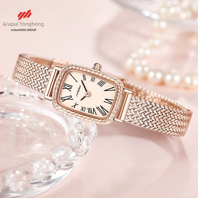 Ceas quartz dreptunghiular pentru femei Sinobi, model 9898, rezistent la apă 30m, curea din oțel inoxidabil