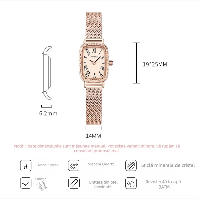 Ceas quartz dreptunghiular pentru femei Sinobi, model 9898, rezistent la apă 30m, curea din oțel inoxidabil