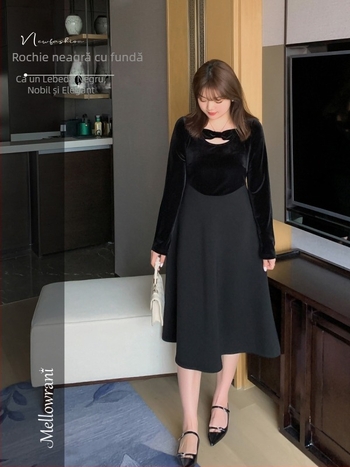 Rochie din catifea cu patchwork și funda, croială în A, decolteu rotund, mâneci lungi, primăvara 2025