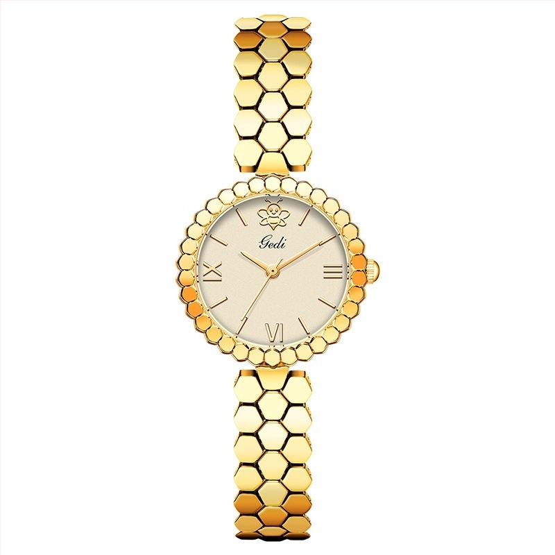 Ceas de damă cu brățară din aliaj în design fagure, cuarț Gödel GEDI, rezistență la apă 30M, model 52098