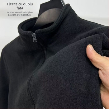 Jachetă fleece cu glugă, model dungat, țesătură din bumbac, căptușeală poliester