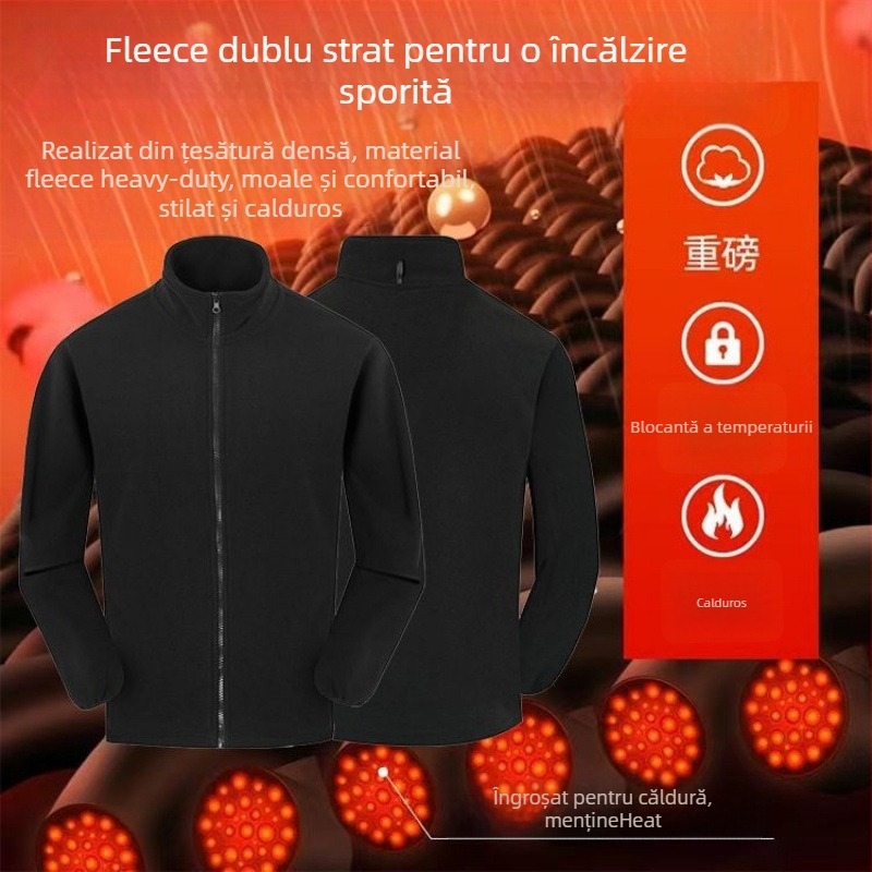 Jachetă fleece cu glugă, model dungat, țesătură din bumbac, căptușeală poliester