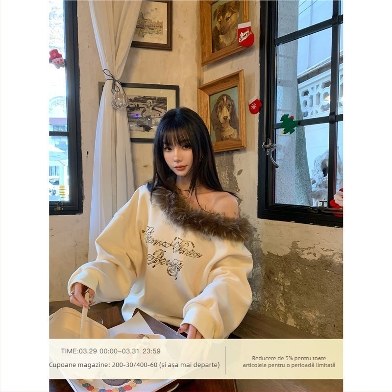 Pulover dama din chenille cu guler detașabil din blană și detaliu cu cristale, guler polo, mâneci lungi, amestec Spandex sub 30%