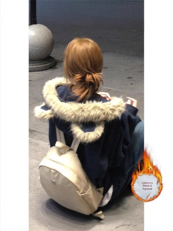 Hanorac feminin cu glugă, stil cardigan, croială lejeră, lungime medie-lungă, culoare solidă, închidere cu fermoar