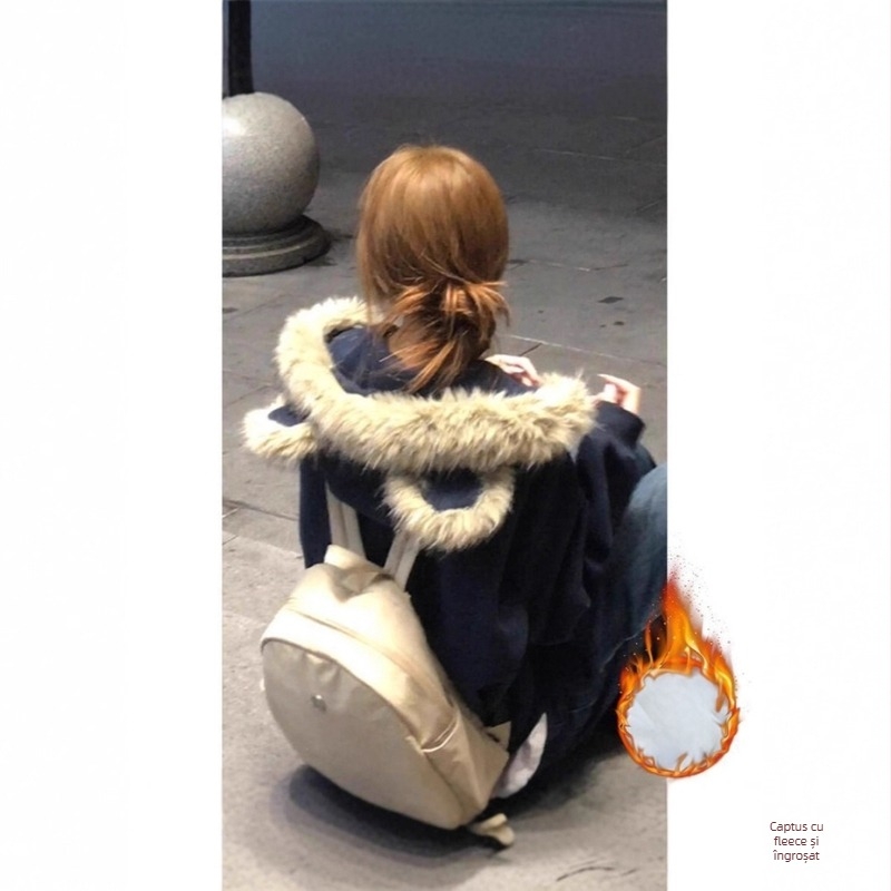 Hanorac feminin cu glugă, stil cardigan, croială lejeră, lungime medie-lungă, culoare solidă, închidere cu fermoar