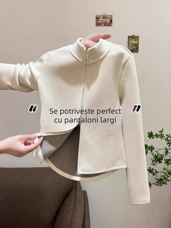Cardigan damă din fleece de poliester cu guler înalt, fermoar complet, mâneci lungi, lungime normală