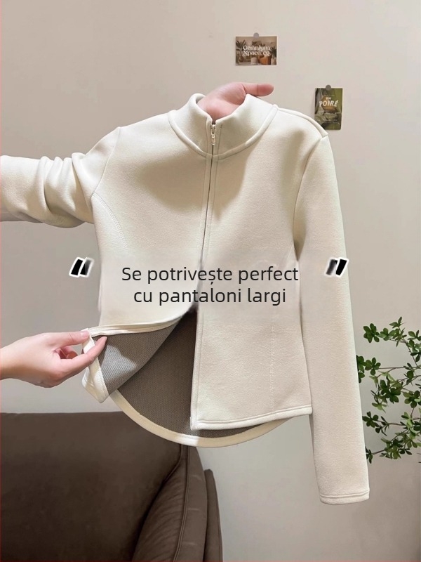 Cardigan damă din fleece de poliester cu guler înalt, fermoar complet, mâneci lungi, lungime normală