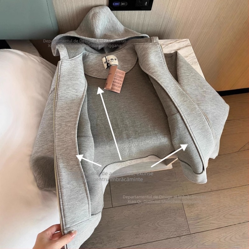 Hanorac lejer pentru femei din Space Cotton, cu aplicație 3D în litere, fermoar, mâneci lungi, iarna 2024