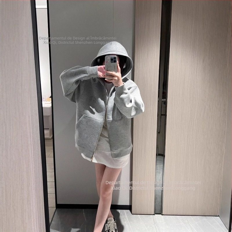 Hanorac lejer pentru femei din Space Cotton, cu aplicație 3D în litere, fermoar, mâneci lungi, iarna 2024