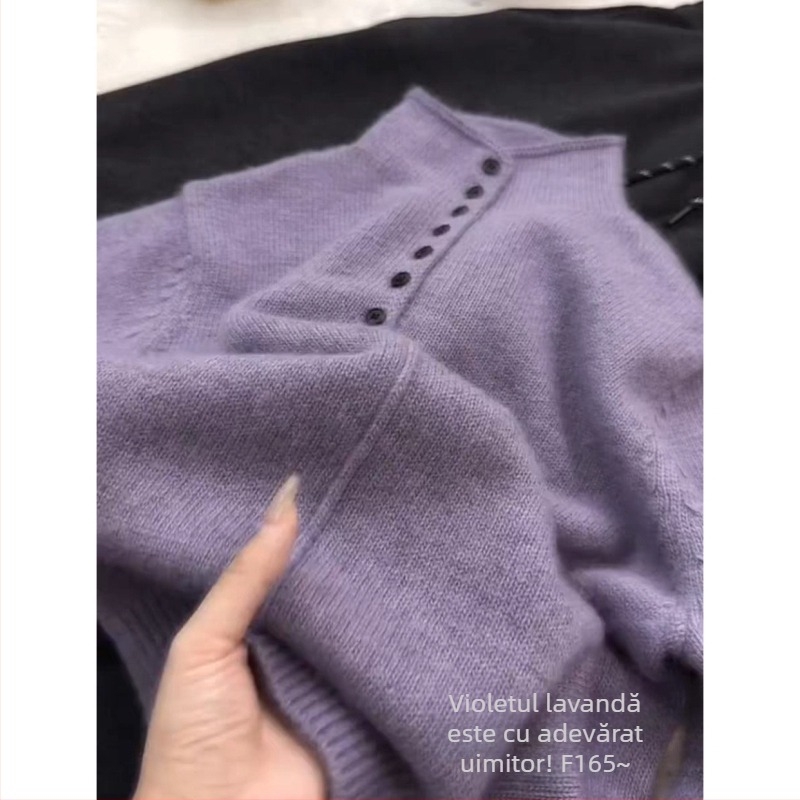 Pulover tricotat cu guler înalt, mâneci lungi, croială lejeră, cu glugă — stil casual japonez-coreean, iarna 2025